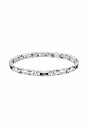 Bracciale in acciaio inossidabile con maglie rettangolari e quadrate alternate, caratterizzato da un accento centrale spazzolato nero. Finitura liscia e lucidata.