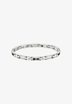 Bracciale in acciaio inossidabile con maglie rettangolari e quadrate alternate, caratterizzato da un accento centrale spazzolato nero. Finitura liscia e lucidata.