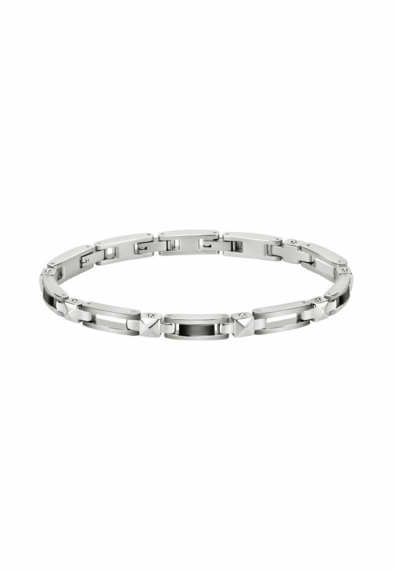 Bracciale in acciaio inossidabile con maglie rettangolari e quadrate alternate, caratterizzato da un accento centrale spazzolato nero. Finitura liscia e lucidata.