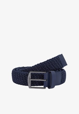 Cintura in tessuto intrecciato di colore blu navy con fibbia metallica. Presenta un design elegante e un accento in pelle vicino alla fibbia per una maggiore durata.
