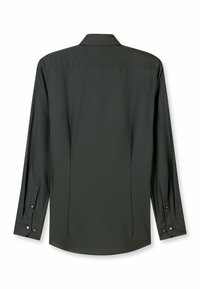 Dunkelgrünes Langarmhemd mit dezentem strukturiertem Muster, Knopfverschlüssen an den Ärmeln und klassischem Kragen. Rückansicht gezeigt.