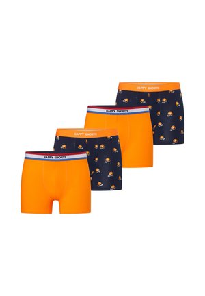 Neljä miesten bokseria vuorottelevina yksivärisiä oransseja ja laivastonsinisiä, joissa oransseja kukkakuoseja, jokaisessa "HAPPY SHORTS" -merkkinen vyötärö.