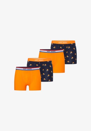 Cztery męskie bokserki na przemian w jednolitym pomarańczowym i granatowym kolorze z pomarańczowymi wzorami kwiatowymi, każda z paskiem w talii z logo "HAPPY SHORTS".