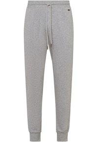 Grijze katoenen joggerbroek met een drawstring tailleband, toelopende boorden en een subtiele brandingdetail bij de heup. Zachte textuur.