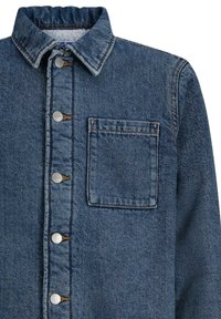 Dunkelblaues Denim-Hemd mit Kragen, Brusttasche und silbernen Druckknöpfen. Verfügt über sichtbare Nähte und einen strukturierten Stoff.