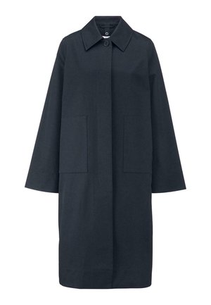 Dunkelblauer Mantel mit geradem Schnitt, spitzem Kragen und zwei Vorderseiten-Taschen. Hergestellt aus strukturiertem Stoff mit einem Knopfverschluss.