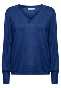 Temno moder, ohlapno pleten pulover z V-izrezom, dolgimi pufastimi rokavi in rebrastimi manšetami. Gladka tekstura, lahkoten videz.