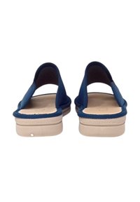 infradito blu senza lacci con parte superiore liscia, design aperto sul retro e suola beige chiaro con dettagli testurizzati.