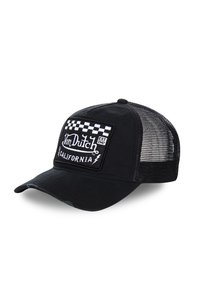 Black cap featuring a solid front, mesh back, and a rectangular embroidered patch with checkered design and "Von Dutch California" text.