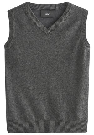 Mørkegrå ærmeløs strikket vest med V-hals og ribbede kanter, mærket "NEXT" indvendigt i kraven.