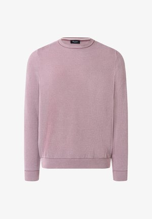 Maglione girocollo a maglia fine color malva con maniche lunghe, polsini e orlo a coste, caratterizzato da un motivo sottile e strutturato.
