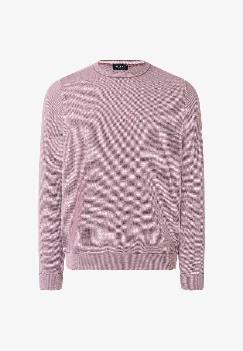 Pull fin mauve à col rond avec manches longues, poignets et ourlet côtelés, présentant un motif texturé subtil.