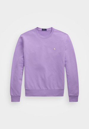 Lila Pullover-Sweatshirt mit gerippten Bündchen und Saum, mit einem kleinen gestickten Logo auf der Brust. Weicher, glatter Stoff.