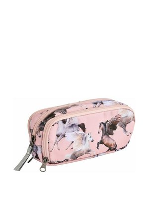 Trousse à crayons en tissu rose ornée de diverses illustrations de chevaux et de chevaux ailés ; fermeture double zip et accents en métal gris.