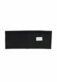 Black fabric headband with a smooth texture, featuring a small white label with blue stitching on one side. Rectangular shape, minimal design.