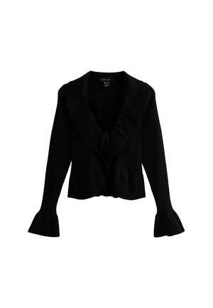 Black knitted cardigan with a wide, ruffled collar, tie closure, and flared sleeves. Features a ribbed texture and cropped length.