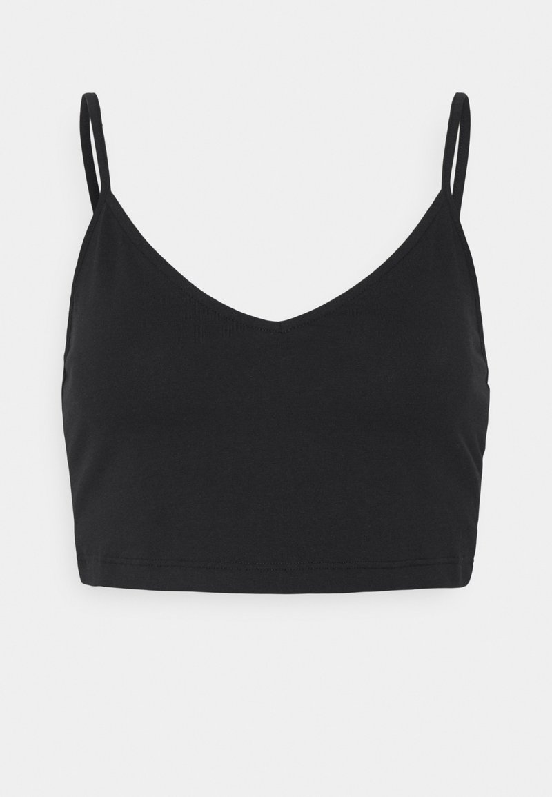 Camisole noire courte avec fines bretelles doubles et un décolleté en V, fabriquée en tissu lisse et extensible.