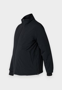 Black padded jacket with a stand collar, side pockets, and elastic cuffs. Features a zippered front and smooth texture.