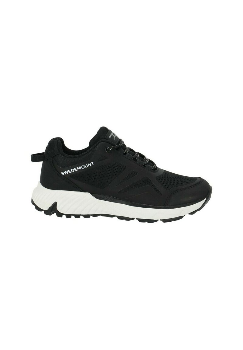 Black athletic shoe with a textured synthetic upper, white cushioned sole, and black laces. Features logo "SWEDEMOUNT" on the side.