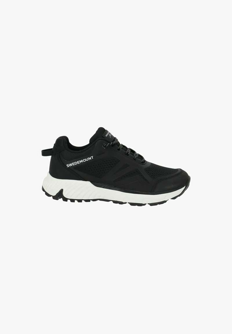 Black athletic shoe with a textured synthetic upper, white cushioned sole, and black laces. Features logo "SWEDEMOUNT" on the side.