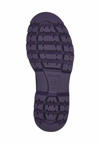 Semelle de chaussure en caoutchouc violet avec des rainures et motifs texturés, comportant un logo circulaire et un estampillage de taille, conçue pour l'adhérence et la durabilité.