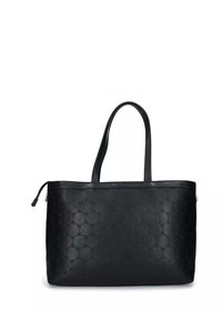 Sac fourre-tout noir avec surface texturée arborant un motif géométrique, poignées doubles et fermeture éclair. Matériau lisse et forme structurée.