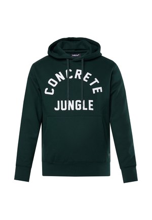 Sudadera de color verde oscuro hecha de una mezcla de algodón, con un bolsillo delantero, capucha ajustable y un gran texto blanco que dice "JUNGLA DE CONCRETO."