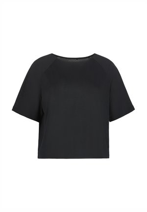 T-shirt noir court en tissu léger, avec des manches raglan courtes et un col rond. Texture subtile visible à la surface.