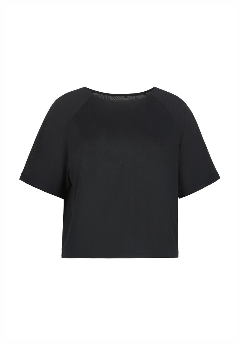 Svart kortärmad t-shirt i lätt tyg, med korta raglanärmar och rund halsringning. Subtil textur synlig på ytan.