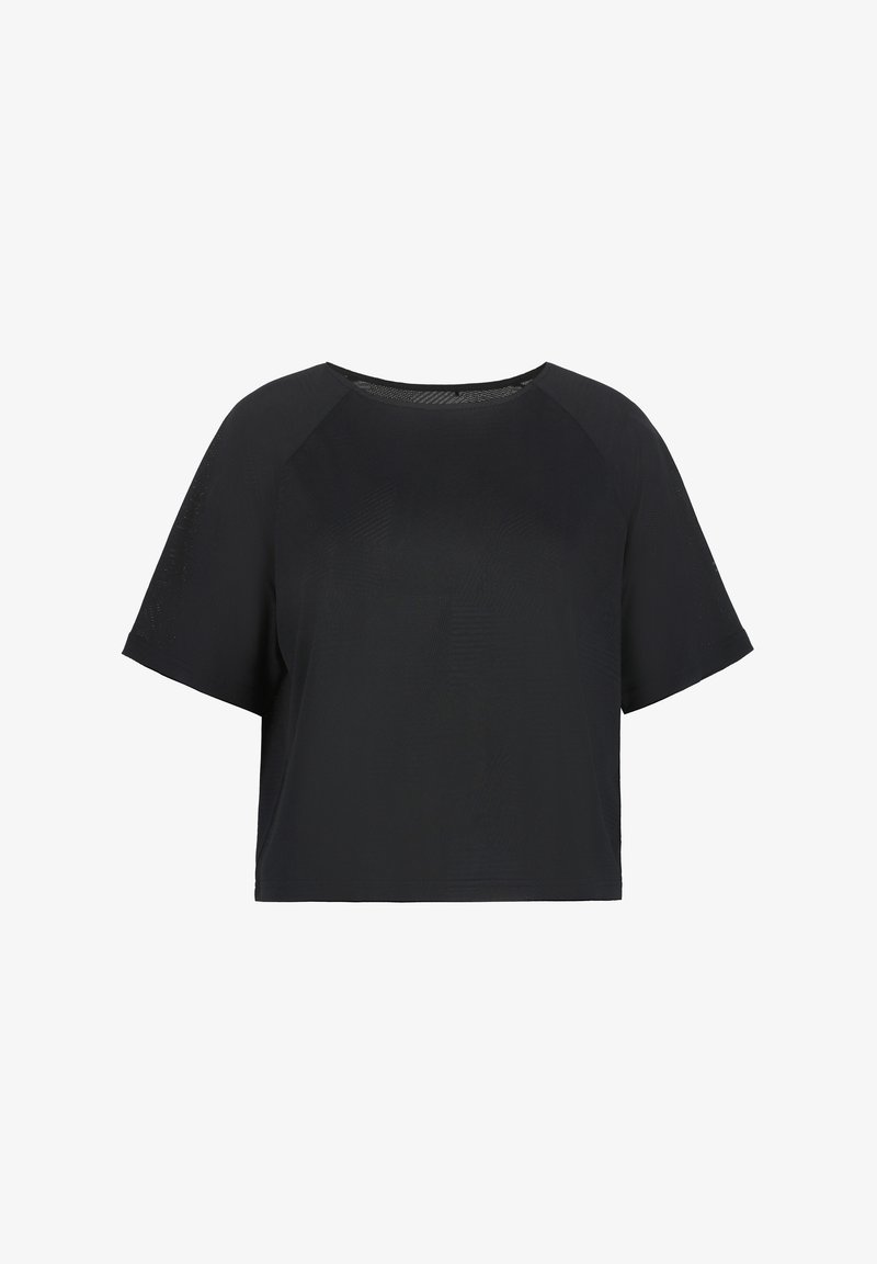 Musta lyhytcroppinen t-paita, joka on valmistettu kevyestä kankaasta. Siinä on lyhyet raglan-hihat ja pyöreä kaula-aukko. Pintarakenteessa on hienovaraista tekstuuria.