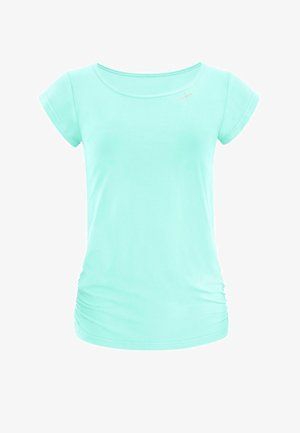 Mündroheline lühikeste varrukatega topp, mis on valmistatud pehmest materjalist, ümmarguse kaeluse ja volditud külje detailidega, millel on diskreetne logo aktsent.