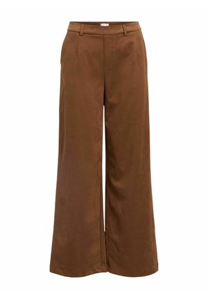 Bruine wijde broek van gladde stof, met een vlakke tailleband met riemlussen en twee zijzakken.