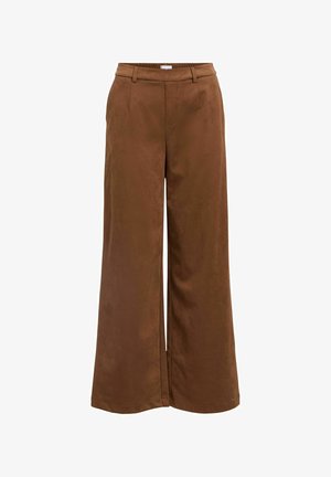 Brązowe spodnie wide-leg wykonane z gładkiego materiału, z płaskim stanem w pasie z pętlami na pasek i dwiema bocznymi kieszeniami.
