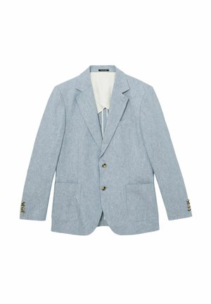 Vaaleansininen yksirivinen bleiseri lovikauluksilla, kahdella etutaskulla, kahdella napilla ja neljällä koristeellisella kalvosinnapilla.