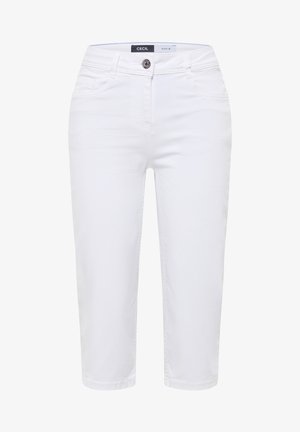Pantalon court en denim blanc avec bouton à l'avant, passants de ceinture et poches avant, étiqueté « CECIL DENIM » à l'intérieur de la ceinture.