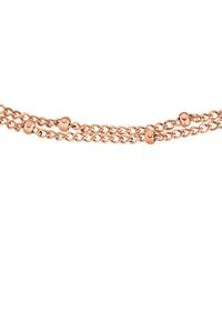 Rosa guld kædende halskæde med sammenkoblede strenge og glatte, runde perler fordelt jævnt. Poleret finish fremhæver glansen.