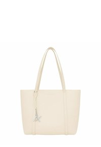 Borsa tote beige realizzata in materiale sintetico liscio, con due lunghe spalline, un design minimalista e un dettaglio logo in tono argento con un charm.