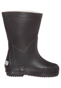 Botte de pluie en caoutchouc noire avec une surface lisse, un bout rond, une semelle texturée et une doublure gris clair sur le haut.