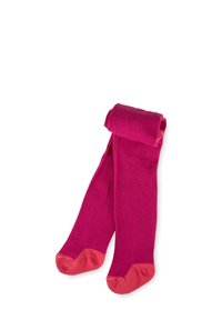 Collant fucsia con bordo arrotolato e punte in corallo a contrasto. Il tessuto appare liscio e elasticizzato, progettato per comfort e facilità di utilizzo.