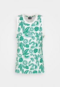 Vit linne med gröna blommiga och bladmönster. Har en rund halsringning och bokstäverna "LA" i mitten. Material av bomull.