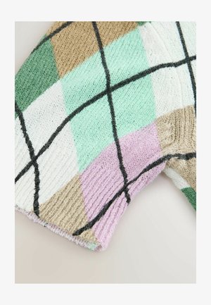 Wielokolorowy dzianinowy strój z patchworkowym wzorem w kolorach zielonym, białym, beżowym, różowym i czarnym, z teksturowanymi ściągaczami.