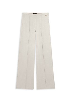 Pantaloni palazzo beige realizzati in tessuto morbido, con pieghe frontali, una texture liscia e un discreto logo.