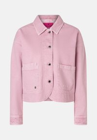 Rosa cropped Jacke aus Denim, mit klassischem Kragen, Knopfverschluss, zwei Fronttaschen und dezentem Herz-Stickerei auf einer Tasche.