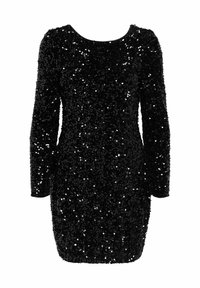 Vestido negro de lentejuelas con mangas largas, escote redondeado, forma ajustada y una textura brillante en toda su superficie. Sin cierres visibles.