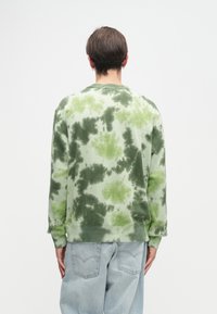 Άτομο που φοράει ένα φούτερ με tie-dye σε πράσινο και ανοιχτό πράσινο χρώμα και ανοιχτό μπλε τζιν, γυρισμένο προς τα πίσω σε λευκό φόντο.