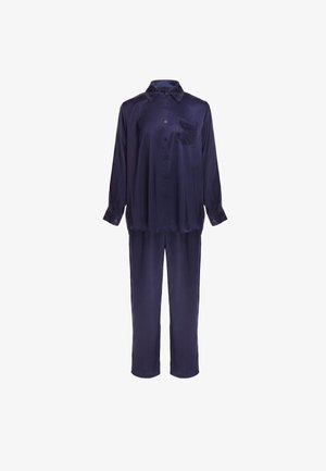 Zweiteiliges dunkelmarinefarbenes Satin-Pyjama-Set mit langärmligem Hemd zum Knöpfen, das eine Brusttasche besitzt, und passenden lockeren Hosen.