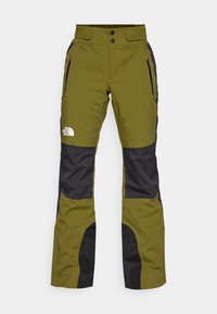 Olivgrüne Outdoor-Hosen mit schwarzen Akzenten, aus strapazierfähigem Material. Verfügt über zwei mit Reißverschluss gesicherte Taschen und einen doppelt geknöpften Bund.