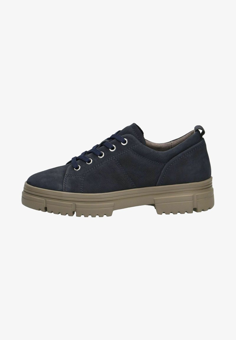 Chaussure décontractée bleu foncé à lacets avec semelle épaisse en caoutchouc beige et bande de roulement antidérapante, vue de côté.