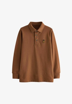 Bruine lange mouw polo met drie knopen, geribde manchetten en een geborduurd geel accentontwerp op de borst. Zacht katoen materiaal.