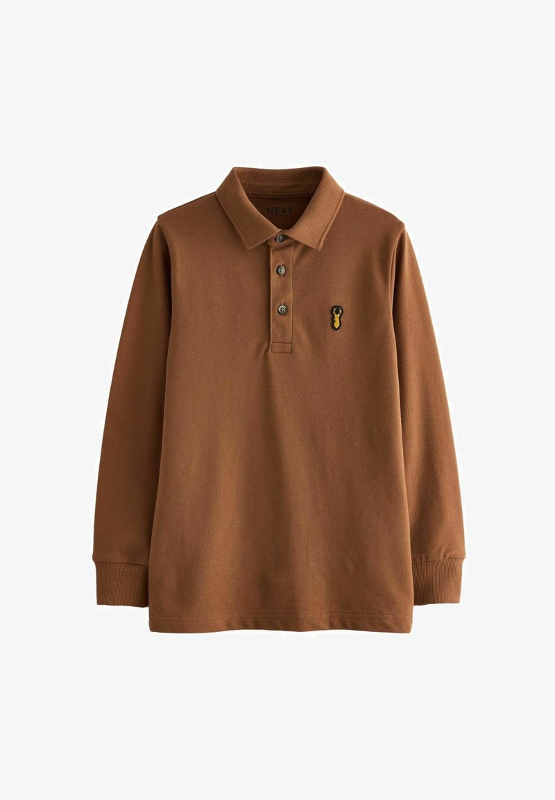 Bruine lange mouw polo met drie knopen, geribde manchetten en een geborduurd geel accentontwerp op de borst. Zacht katoen materiaal.
